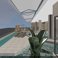 Outdoor Hotel Public Lounge Area With Swimming Pool And Modern Relaxing Seating