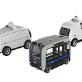 Modern Autonomous Delivery Vans And Electric Shuttle With Transparent Windows And Roof Equipment
