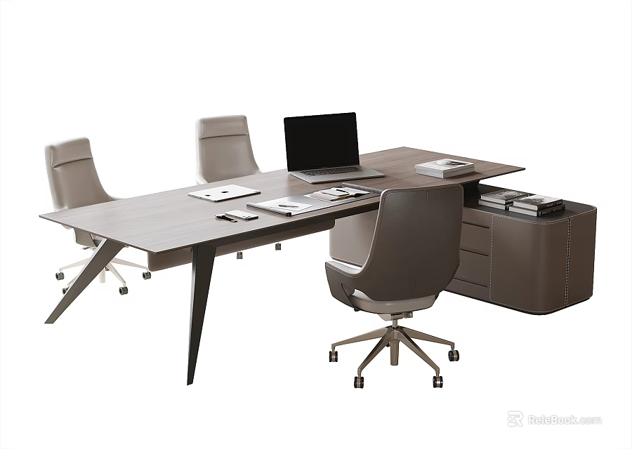 Modern Wooden Office Desk With Leather Office Chairs Laptop Stacked Documents And Storage Cabinet 3d model 