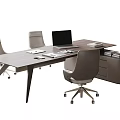 Modern Wooden Office Desk With Leather Office Chairs Laptop Stacked Documents And Storage Cabinet