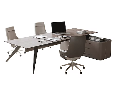 Modern Wooden Office Desk With Leather Office Chairs Laptop Stacked Documents And Storage Cabinet 3d model
