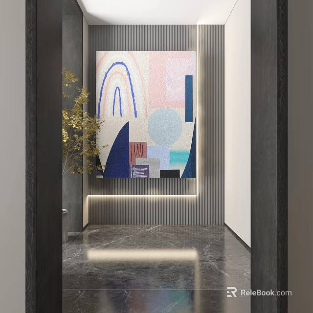 Abstract Painting With Colorful Geometric Shapes In Modern Foyer Space With Lighting And Plant 3d model 