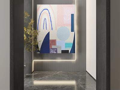 Abstract Painting With Colorful Geometric Shapes In Modern Foyer Space With Lighting And Plant 3d model