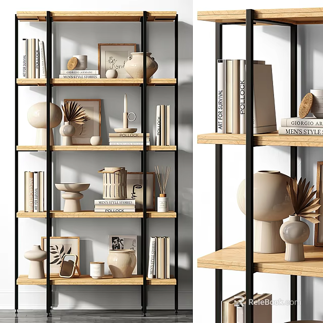 Modern Bookcase With Multiple Shelves Holding Books And Decorative Items 3d model