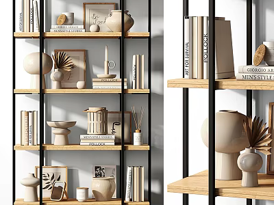 Modern Bookcase With Multiple Shelves Holding Books And Decorative Items 3d model