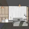 Modern Bedroom Interior With Wooden Accents Striped Wallpaper Upholstered Bed Table Lamp And Potted Plant