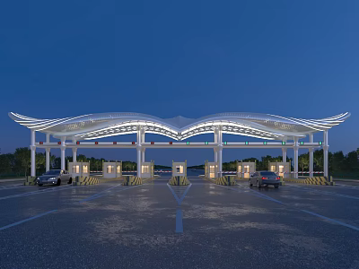 Modern Large Canopy Gateway At Night With Illuminated Lanes And Vehicles 3d model
