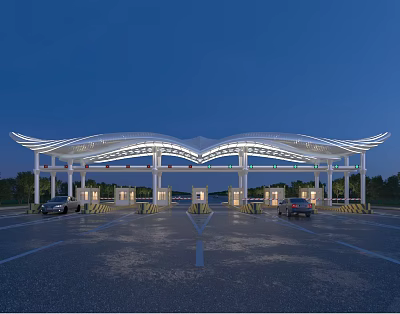 Modern Large Canopy Gateway At Night With Illuminated Lanes And Vehicles 3d model