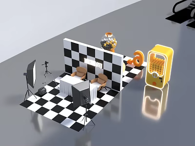 Checkerboard Background Display Setup With Table Chairs Vase Yellow Machine And Photography Gear 3d model