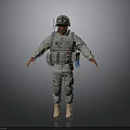 Military Soldier In Camouflage Uniform With Tactical Vest Helmet Tan Boots Against Gray Backdrop