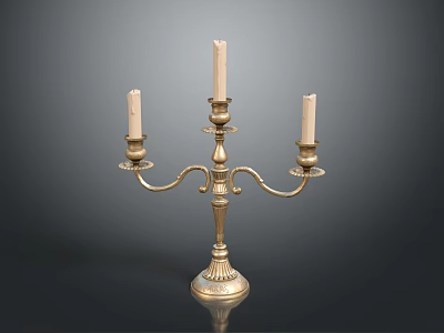 Brass Candelabra Classic Design With Three Arms Decorative Base And White Candles 3d model