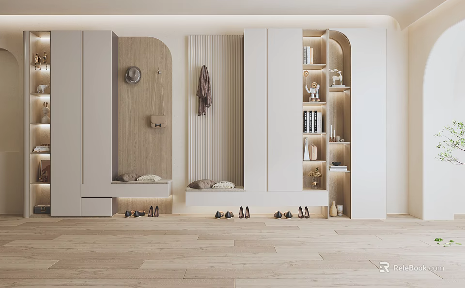 Modern Entryway Shoe Cabinet Featuring Hooks Bench Lighting And Organized Storage Design 3d model 