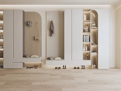 Modern Entryway Shoe Cabinet Featuring Hooks Bench Lighting And Organized Storage Design 3d model