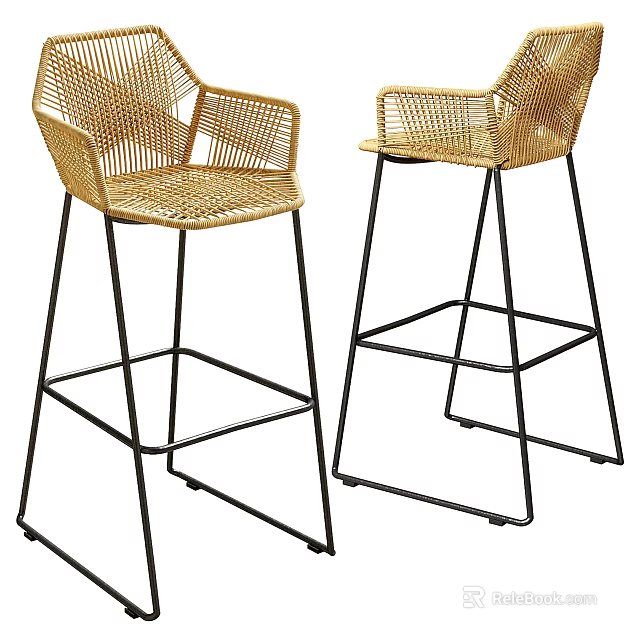 Rattan Bar Stools With Black Metal Frame And High Back Design 3d model 