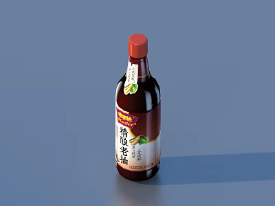 Dark Brown Soy Sauce Condiment Bottle With Red Cap And Chinese Label On Blue Background 3d model