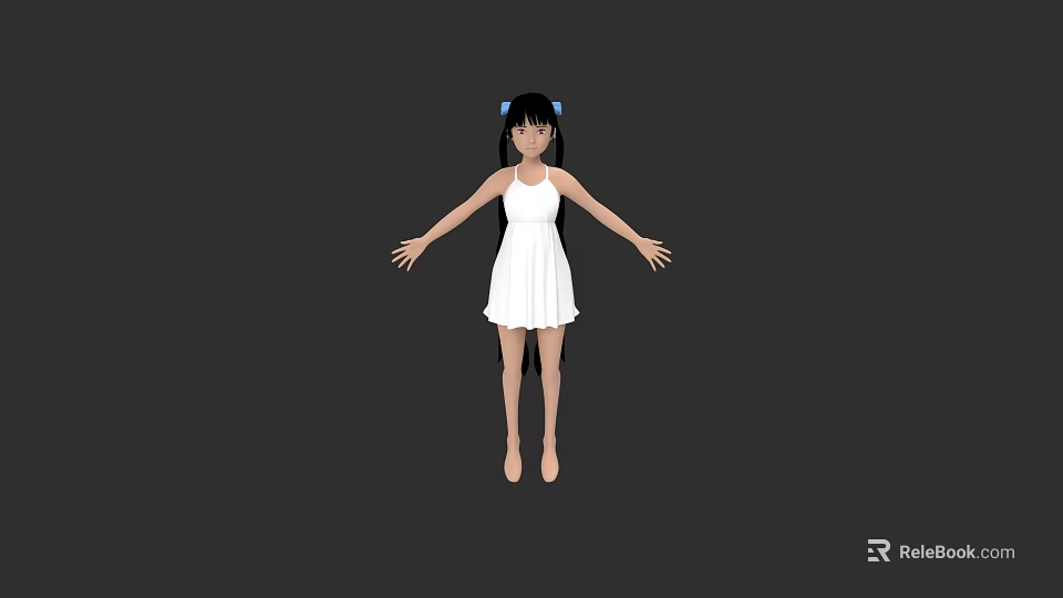 Game and Movie Character With Black Hair White Dress Arms Outstretched Standing Pose 3d model 