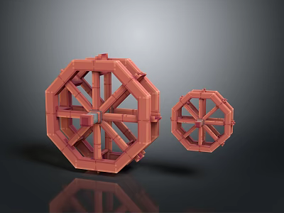 Red Wooden Structured Octagonal Wheels In Two Different Sizes Decorative Models 3d model