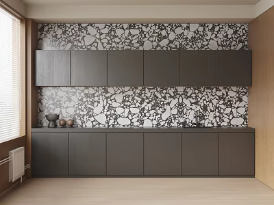 Modern Kitchen Space With Upper Lower Dark Cabinets Black White Patterned Backsplash Wooden Elements 3d model