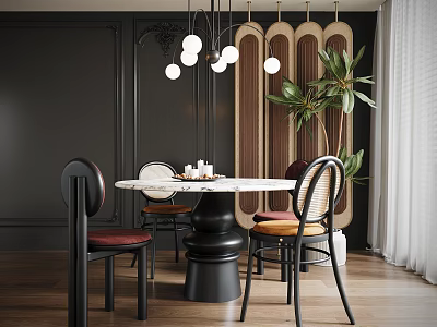 Dining Table Set With Marble Top Black Base Colorful Chairs Hanging Pendant Lights Green Plant 3d model