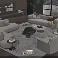 Modern Light Gray Sofa and Coffee Table Set with Cushions Metallic Glass Top and Plants