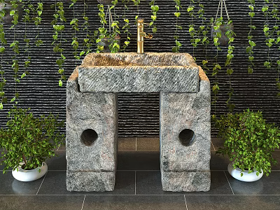 Stone Washbasin With Gold Faucet Against Black Brick Wall Green Vines And Potted Plants 3d model