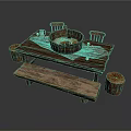 Rustic Wooden Dining Table With Bench Chairs Stump Stools Tablecloth Bowl And Fruits