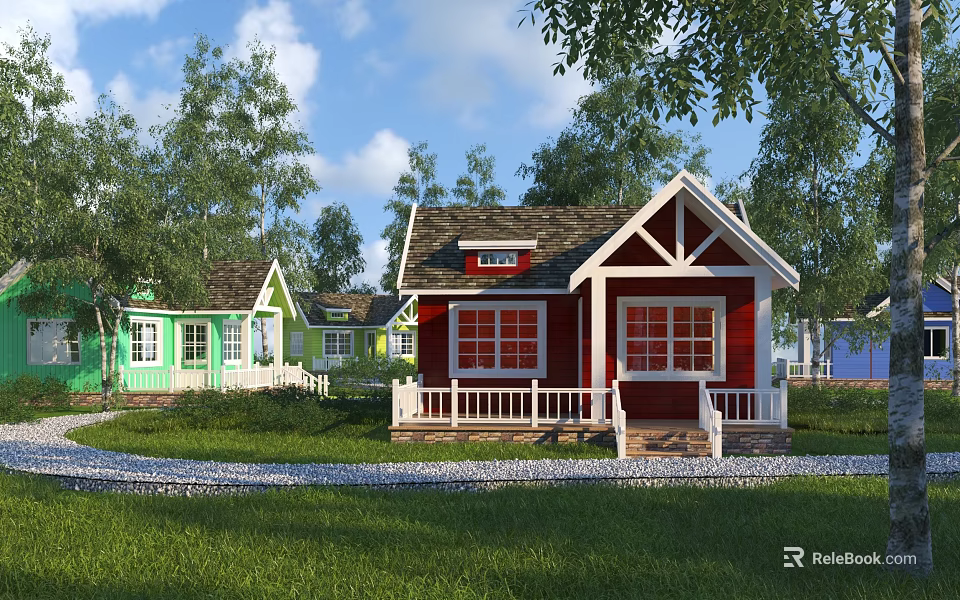 Charming Detached House With Red Exterior White Porch And Green Lawn Surrounded By Trees 3d model 