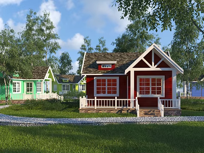 Charming Detached House With Red Exterior White Porch And Green Lawn Surrounded By Trees 3d model