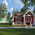 Charming Detached House With Red Exterior White Porch And Green Lawn Surrounded By Trees