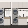 Bathroom Cabinetry With Stacked Washing Machines Dryers Countertop Mirror And Shelves