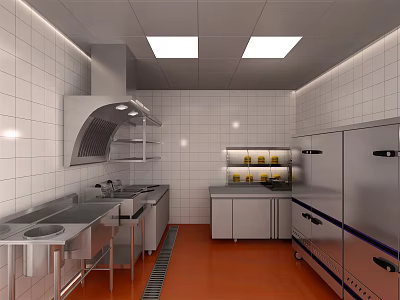 Commercial Kitchen Design with Stainless Steel Appliances Tiled Walls Range Hood and Cabinets 3d model