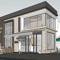 Modern Cafe Exterior Design With Glass Windows Outdoor Seating Awning And Tree Patio Area