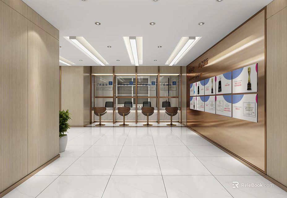 Modern Elegant Reception Area With Wooden Walls White Floor Tiles Glass Partitions And Display Wall 3d model 
