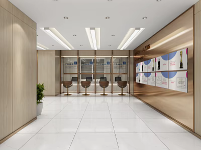 Modern Elegant Reception Area With Wooden Walls White Floor Tiles Glass Partitions And Display Wall 3d model