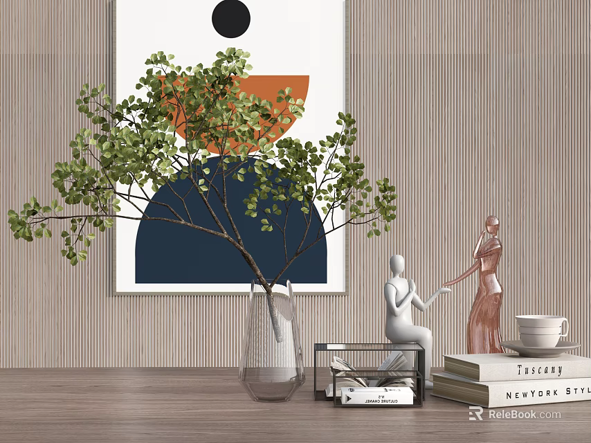 Stylish Decorative Ornament Set With Vase Green Branches Figurines Books And Wall Art 3d model 