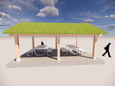 Outdoor Pavilion Featuring Green Roof With Tables Chairs And People Walking 3d model
