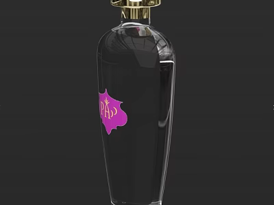 Elegant Black Transparent Wine Bottle And Glass With Golden Cap Pink Pattern 3d model