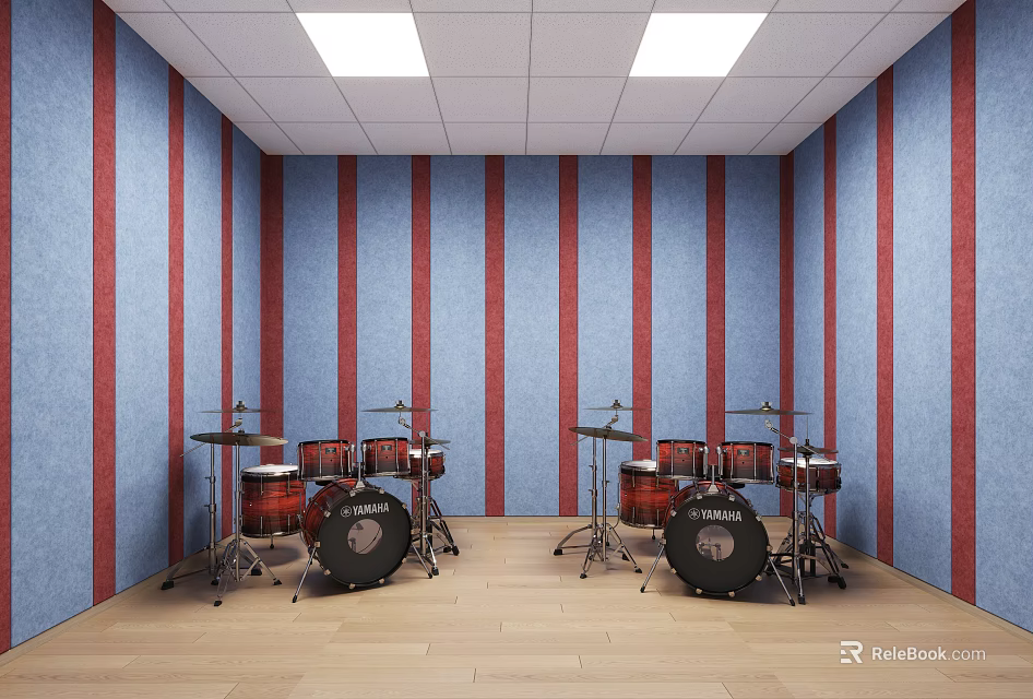 School Music Classroom With Yamaha Drum Sets Red And Blue Striped Walls And Wooden Floors 3d model 