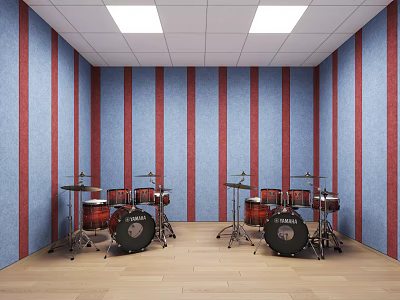 School Music Classroom With Yamaha Drum Sets Red And Blue Striped Walls And Wooden Floors 3d model