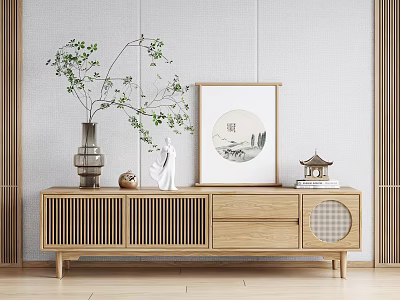 Wooden Chinese Style TV Stand With Slatted Panels Circular Design And Landscape Painting Decor 3d model
