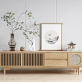 Wooden Chinese Style TV Stand With Slatted Panels Circular Design And Landscape Painting Decor