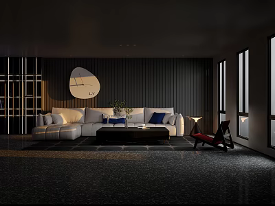 Modern Living Room Interior Design With Black Wall Round Clock White Sofa And Red Chair 3d model