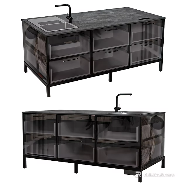 Modern Kitchen Cabinets With Glass Front Doors And Drawer Units On Metal Frame 3d model 