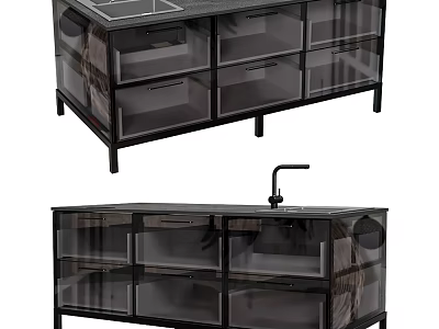 Modern Kitchen Cabinets With Glass Front Doors And Drawer Units On Metal Frame 3d model