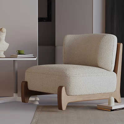 Modern Beige Sheepskin Accent Chair With Wooden Legs And Curved Backrest Design 3d model