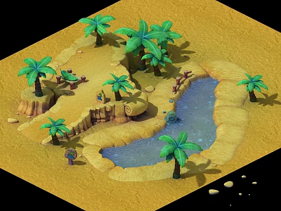 Tropical Island 3D Scene With Palm Trees Sandy Ground And Water Area 3d model