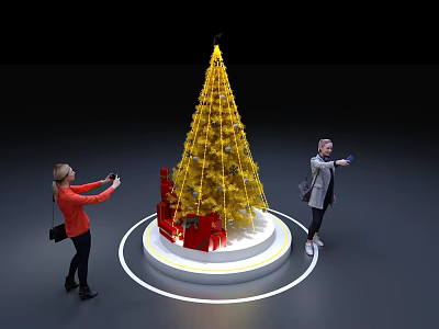 Golden Illuminated Christmas Tree With Red Gift Boxes And People Taking 3d model