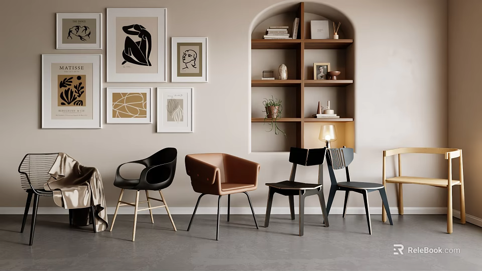 Modern Interior Design With Stylish Black Brown And Light Wooden Chairs Arched Bookshelf Framed Artworks 3d model 