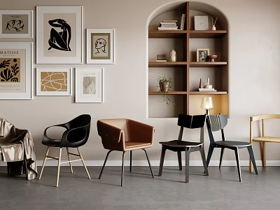 Modern Interior Design With Stylish Black Brown And Light Wooden Chairs Arched Bookshelf Framed Artworks 3d model