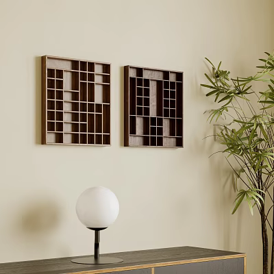 Wooden Lattice Wall Decor Hanging On Beige Wall With White Spherical Lamp And Green Plant 3d model